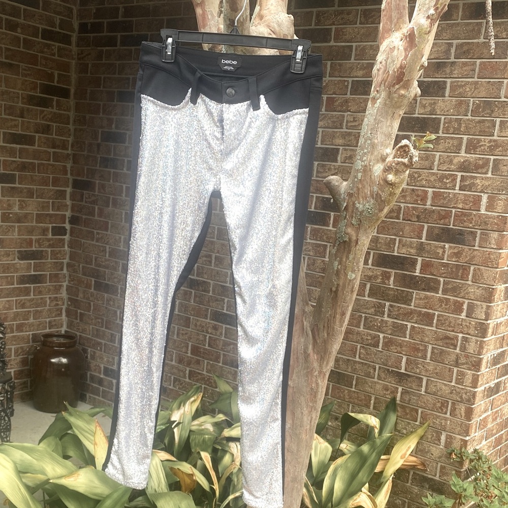 bebe Silver & Black Sparkle Skinny Pants